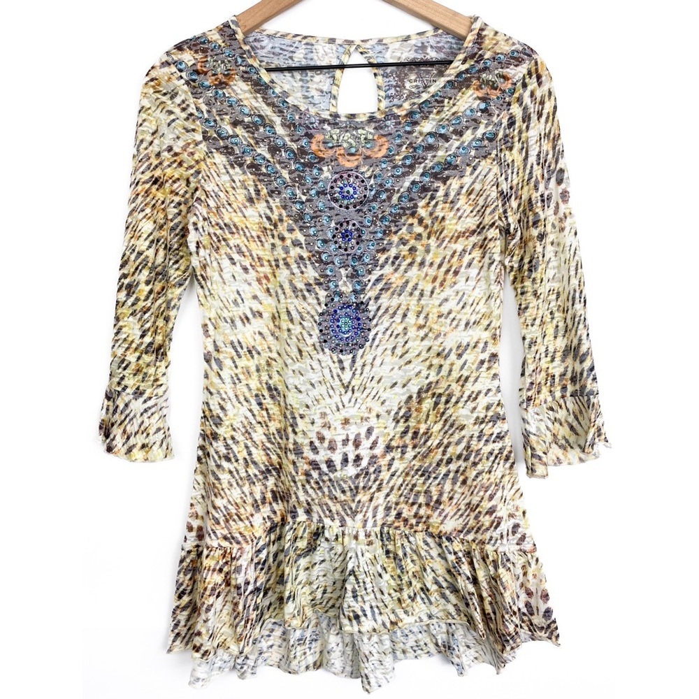 V Cristina 90s Style Burnout Leopard Print Western Ruffle Tunic Top - Size S